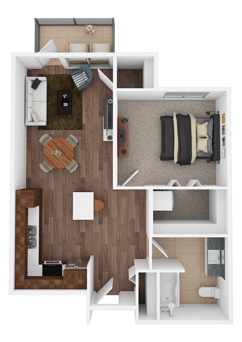 A top down view of a small apartment with a kitchen, living room, and bathroom.